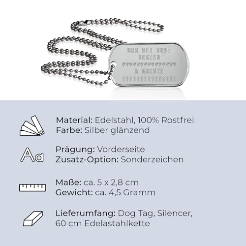 Personalisierte Erkennungsmarke glänzend mit eigenem Text | Dog Tag Kette mit Prägung | inkl. Kette & Silencer im Set | Unterschiedliche individuelle Texte und Motive möglich