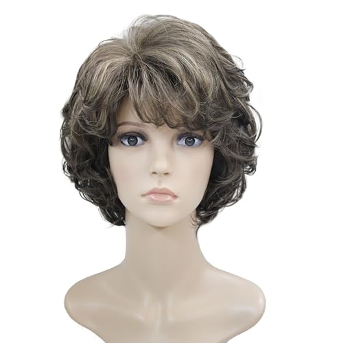 Wiginway Short Layered Shaggy Wavy Wigs Full Synthetic Bob Capless Wigs for White Women Brown with Highlights