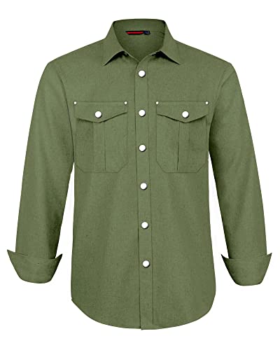 Siliteelon Men's Snap Flannel Shirts 10Oz Long Sleeve Casual Solid Button Down Shirts With Two Pockets (Green, Medium) #TOP17