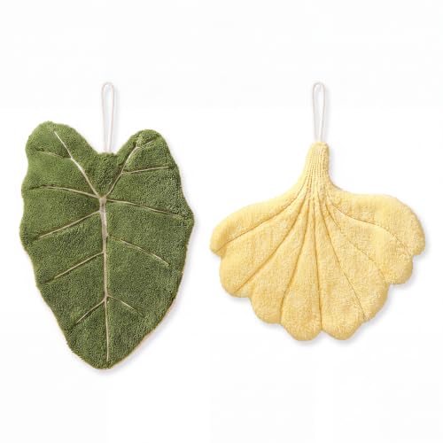 Image of House of Quirk Leaf Shaped Hanging Towels Set of 2 | Soft Coral Fleece Kitchen & Bathroom Towels | Super Absorbent & Quick-Dry Decorative Cloths (Green /Yellow)