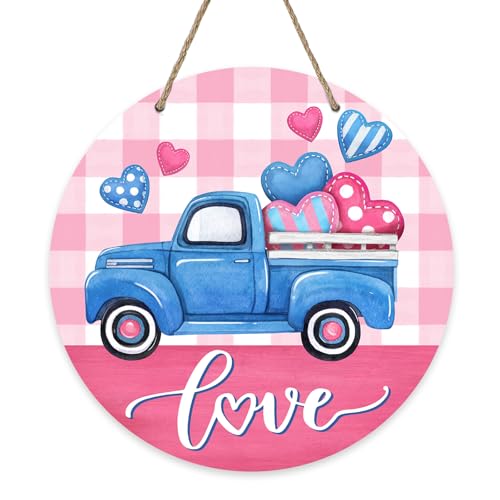 Deroro Blaues LKW-Schild für die Haustür, Bauernhaus, rosa kariert, Herzen, Holz-Türhänger, Jahrestag, Hochzeit, Holzkranz, Pediment-Schild, für drinnen und draußen, Wandbehang