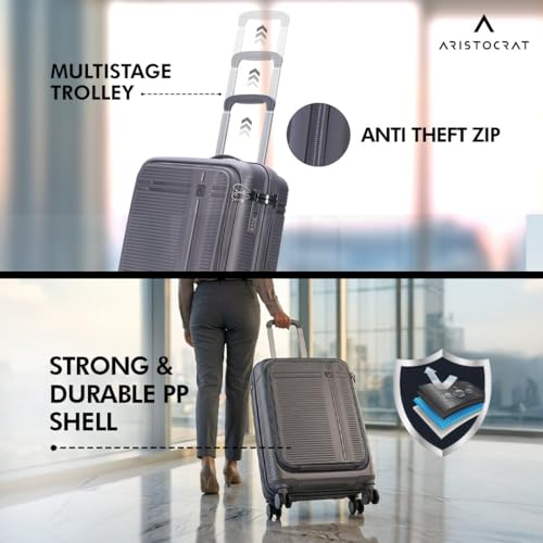 Image of Aristocrat Solana Cabin Trolley Bag 53cm | Small | Hard Luggage | 8-Wheel Suitcase with Laptop Compartment for Business Travel | TSA Lock with Anti-Theft Zipper | 3 Years International Warranty (Grey)