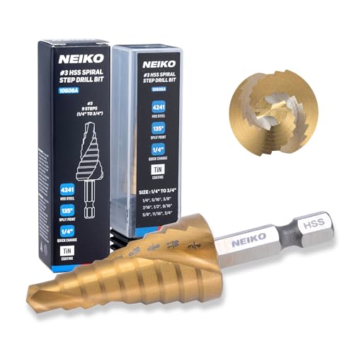 Image of NEIKO 10608A Step Drill Bit, 9 Steps 1 /4 inch to 3 /4 inch Spiral High Speed Steel, Titanium Nitride Coated, 1 /4 inch Quick Change Step Bits for Steel, Metal, Wood, Plastic, Unibit Cone Drill Bits, Two Flute