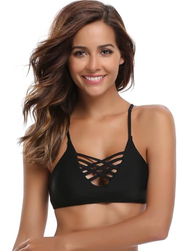 Image of SHEKINI Women Sexy Bikini Top Push Up Cross Strap Separates Swimwear Stretchy Lift Up Seamless Swimming Bra,Black-L