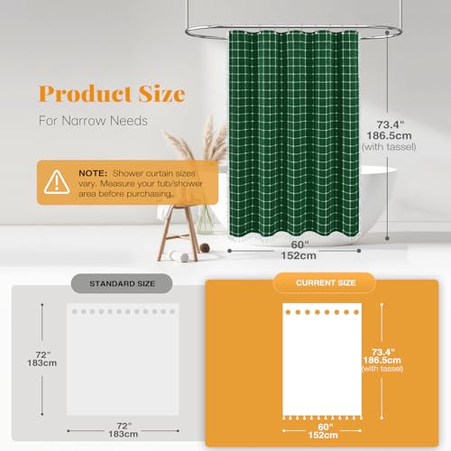 Image of BTTN 60 Inch Stall Shower Curtain - Boho Farmhouse Linen Thick Fabric Cloth Shower Curtain Set with 10 Plastic Hooks, Bohemian Country Decorative Shower Curtain for Bathroom - 60x72 - Emerald Green