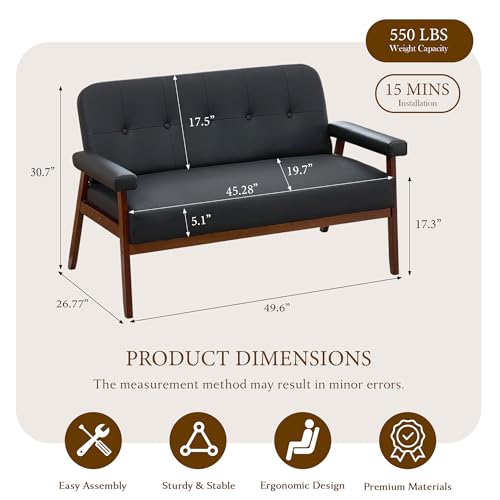 Image of STHOUYN 50 inchW Black Faux Leather Small Office Couch Loveseat Sofa with Wood Arms, Mid Century Modern Love Seat Sofas Lounge Armchair Living Room Bedroom (Black (loveseat))