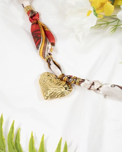 Scarf Necklace with Charm, Red/Orange/White/Pink/Blue Scarf Necklaces for Women, Silk Necklace with Gold Stainless Steel Charms, No Fading, Coming with Gift Box3