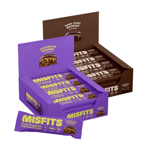 Misfits Vegan Protein Bar, Plant Based Chocolate Protein Bars, Chocolate Caramel + Chocolate Brownie Bundle High Protein Snacks With 15G Per Bar, Low Sugar, Low Carb, Gluten Free, Dairy Free #TOP8