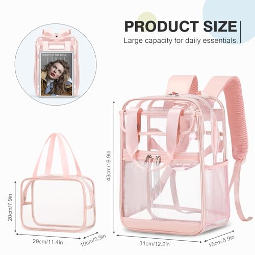 2PCS Clear Backpack for Women Girls, Heavy Duty Clear Backpack with Clear Tote Bag for Stadium Events, See Through Backpack, Large Transparent Backpack Clear Bookbag for Concert Work Travel2