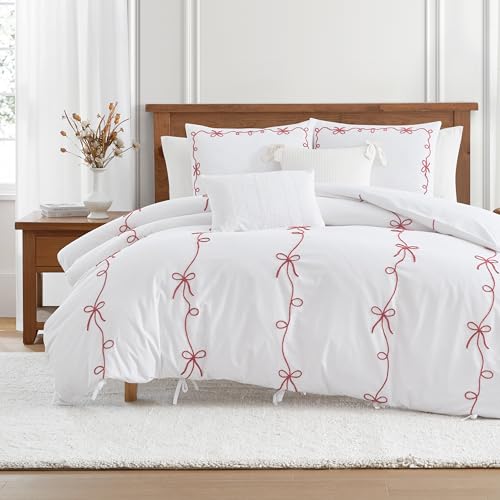 Peri Home Bow Bedding Duvet Cover Cottage Core Vintage Country 100% Cotton 3-Piece Set, King, Chili Red Sasha Bows