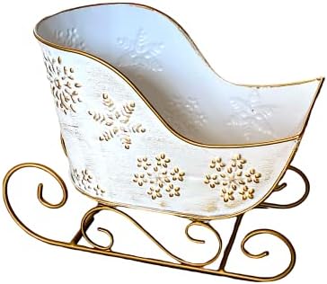 STC World Christmas Sleigh Metal Ornament Small Candy Storage Gift Tabletop Centerpiece Mantel Fireplace (White Snowflake)