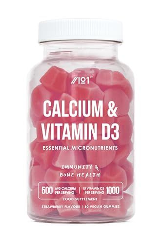 Vitamin D3 Calcium Gummies - 1000IU Vitamin D3 & 500mg Calcium Strawberry Flavour - 60 Vegan Gummies by Alpha01