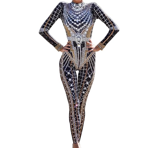 CELESINYI Women Diamonds Skinny Jumpsuits for Nightclub Prom Party Outfits Singer Dancer Performance Costumes Stage Wear (Silver, One Size)