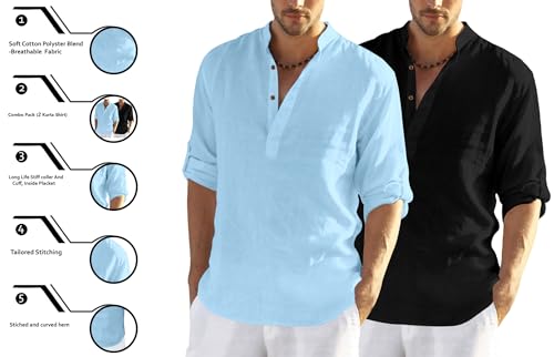 Image of FINIVO FASHION Men's Cotton Blend Solid Full Sleeve Combo Short Kurta Shirt, Regular Fit Solid Pattern Mandarin Collar Straight Kurta Shirt
