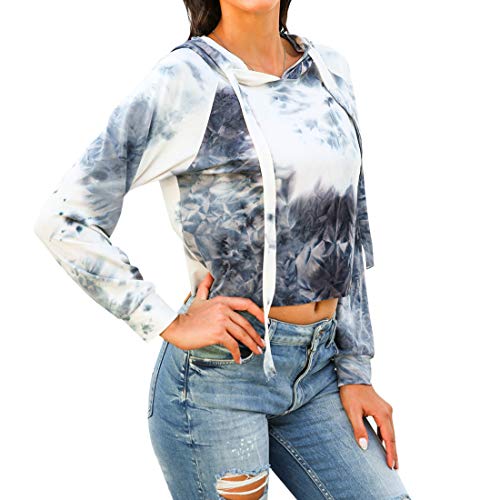 Damen Kapuzenpullover Langarm Kurz Sweatshirt Crop Oberteile Hoodie Kapuzensweatshirt mit Kapuze Tie Dye Mehrfarbig Kordelzug Slim Fit