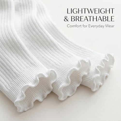 Image of Tipi Toe Women's 6 Pairs Quarter Crew Socks - Lightweight Solid Color Turn-Cuff Ruffle Lettuce Edge Dress Socks, Size 9-11