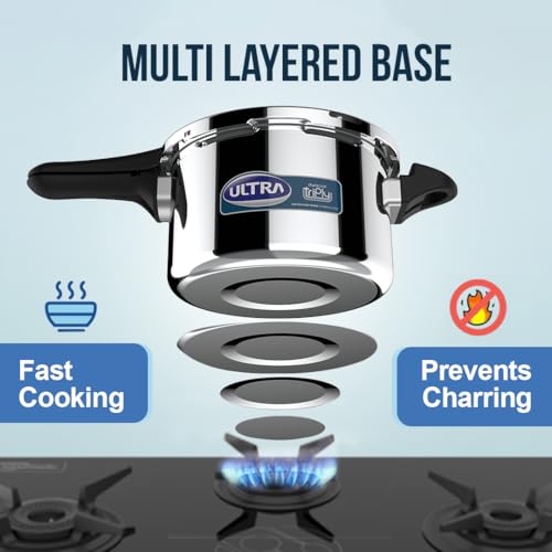 Image of Ultra Dura cook Triply 3.5 L pressure cooker,SS 304 Food Grade,'SCTS'Anti Bulging,Froth collector,Broad Base quick cooking -savesgas.Solid backelite handles,3 layered body, Induction,ISI,5 Y warranty.