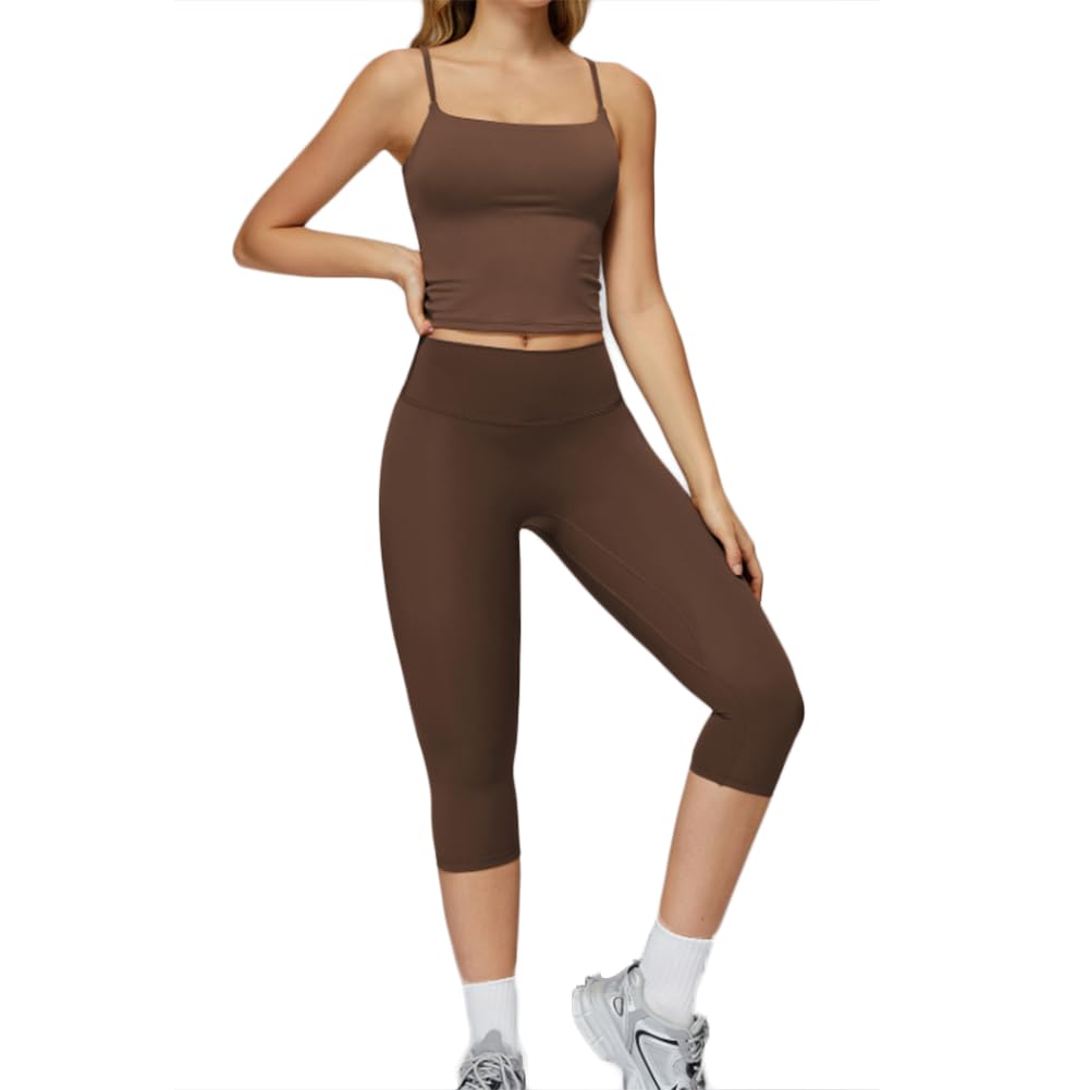 XYFfybhsd High Waist Biker Shorts Workout Sets for Women Beauty Back Bra 2pcs Yoga Fitness (Size:M,Color:Brown)