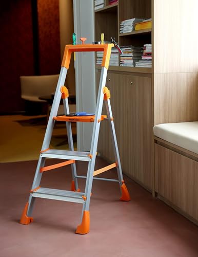 Image of Amazon Basics Clamber Pro+ - Foldable Step Ladder with Tool Tray, Firm Grip, 3 Steps (Aluminium Steps, Orange & Satin)