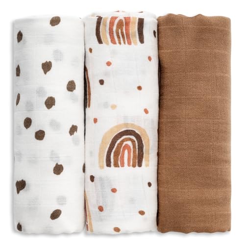 Image of GLLQUEN BABY Receiving Blanket Boy Cotton Muslin Swaddle Blankets Girl Newborn Squares Breathable & Soft Thin Baby Blankets Cloths Double Absorbent Infant Swaddling Wrap - 3 Pack (Rainbow)
