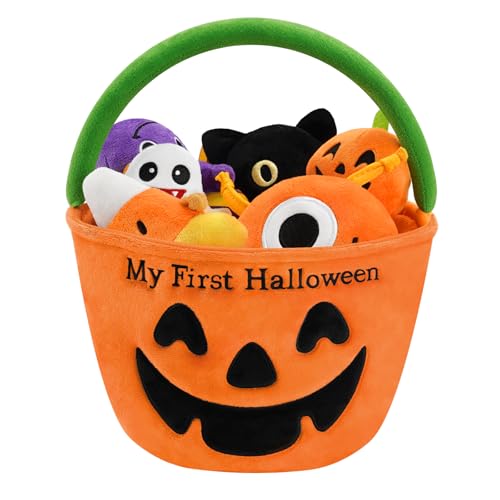 TOYSYM My First Halloween Pumpkin Basket Playset 7PCS Plush Cat Ghost Candy Plush Monster Spider Plushy Gift for Halloween
