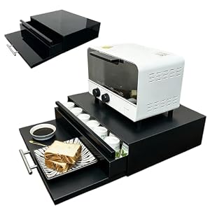 電子レンジ下収納 家電下収納 キッチン収納 スチール製 伸縮作業台 レンジラック 幅47cm×奥行36cm×高さ12.8cm 耐荷重強 滑り止め付き 2段引き出し スムーズ開閉 収納力 コンロ下 シンク下 省スペース キッチンワゴン ...