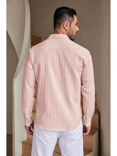 Image of DEELMO Combo of Men's Casual Button Down Shirts Long Sleeve Linen Shirt Fashion Textured Summer Shirts Pack of 2