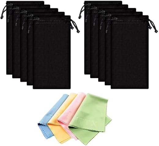 MODUX Eyeglasses &amp; Sunglasses Soft Case Pouch with 10 Lens Cleaning Cloth | Black Spectacle Storage Bag | Lightweight Prot...