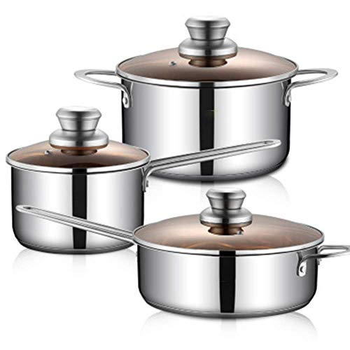 Batería de cocina, juego ollas 3 piezas acero inoxidable con tapas vidrio Juego cacerolas mango resistente Ollas, wok, inducción a gas es universal y fácil limpiar