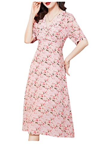 Robe longue en soie de mûrier rose fluide au col en V élégant taille étroite