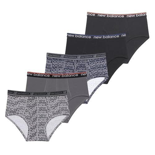 New Balance Boys' Non-Brushed Jersey Performance Wicking Cotton Brief Underwear (5 Pack), Castlerock/Raincloud/Black/Raincloud/Black