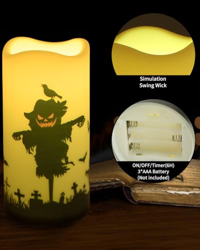 Image of Halloween Battery Operated Pillar Flameless Candles with Timer Remote for Decorations Indoor Set of 3
