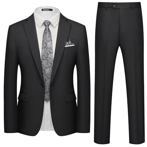 WULFUL Men's Slim Fit 3 Piece Suit, One Button Solid Blazer Business Party Jacket Vest Pants Set Black