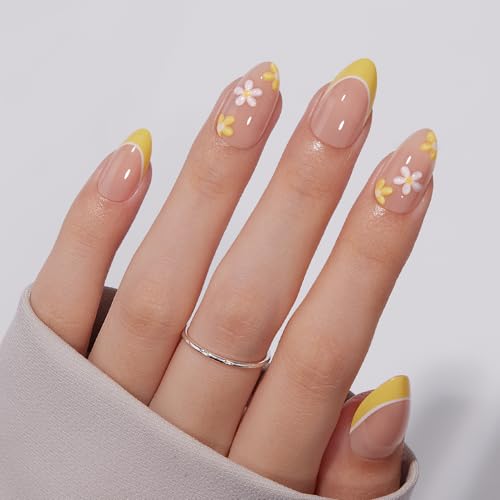 VSALON Press on Nails Short Almond - French Tip Lemon Yellow 3D F...