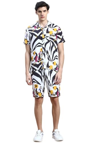 Image of SHOWOFFFF Men Printed Two-Piece Co Ords | Cuban Collar Half Sleeves Cotton Co Ords for Mens | Mid-Rise Relaxed Fit Above Knee Co Ords for Men's
