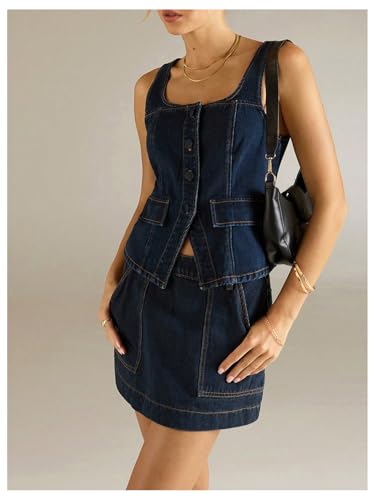 MakeMeChic Women's Denim Tops Square Neck Button Down Sleeveless Going Out Y2k Jean Tank2