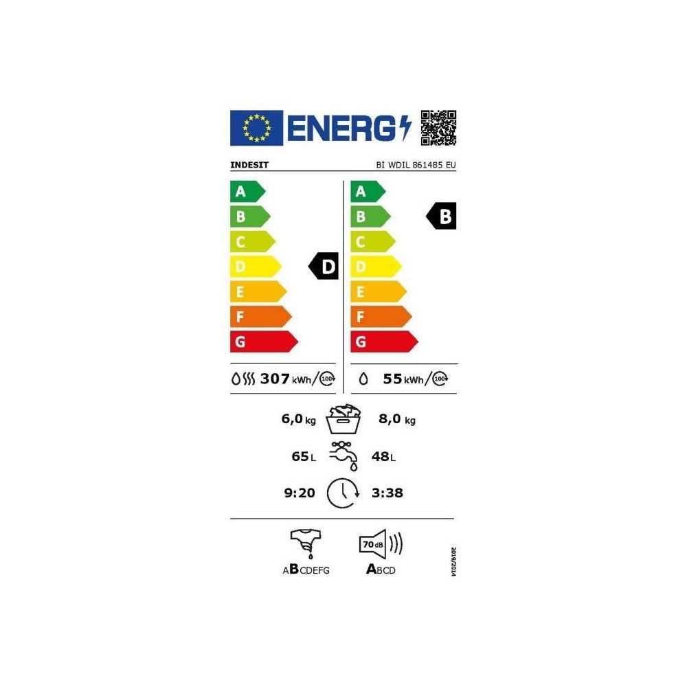 Lave-linge séchant tout intégrable INDESIT BIWDIL861485EU - 8/6 kg - Induction - L60cm - 1400 trs/min - Blanc