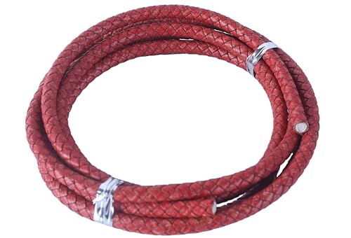 KONMAY 6mm Vingtage Red Braided Leather Cord, 2 Yards Extra Thick Round Woven Leather String for Large Bolo Ties, Statement Bracelets, Pendant Jewelry, Bag Charms, Handle Wrapping and Leather Crafts