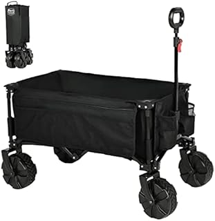Timber Ridge Collapsible Folding Festival Wagon, Pull Along Trolley on Wheels with Adjustable Handle Cover Bag Drink Holders, Camping Outdoor Garden Picnic Shopping Beach, Black