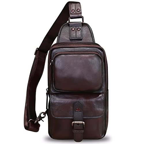 LRTO Genuine Leather Sling Bag Crossbody Motorcycle Bag Handmade Hiking Chest Daypack Retro Shoulder Backpack (Coffee)2