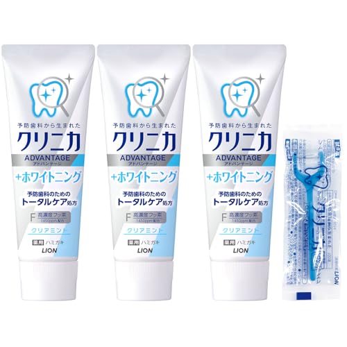 【Amazon.co.jp限定】クリニカ アドバンテージ +ホワイトニング [医薬部外品] ハミガキ クリアミント 130ｇ&times;3個+フロス付き 歯磨き粉 高濃度フッ素 (1450ppm配合) 虫歯