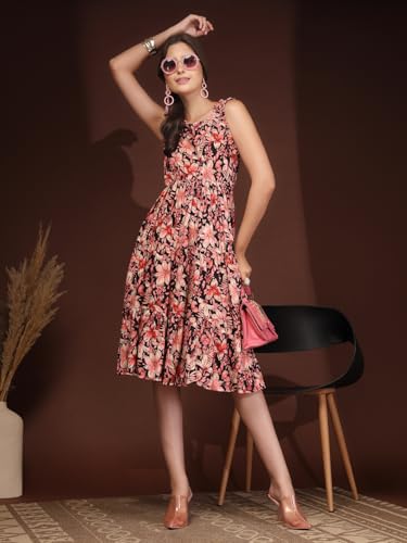 Image of Daevish New Rayon Floral Printed Flared Midi Dress for Women | Women Calf Length Dress