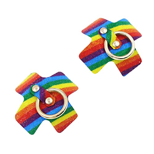Glitter Rainbow Striped Nipple Cover With Gold Metal Ring, Reusable Silicone Breast Petals Pasties For Rave Festival #TOP5