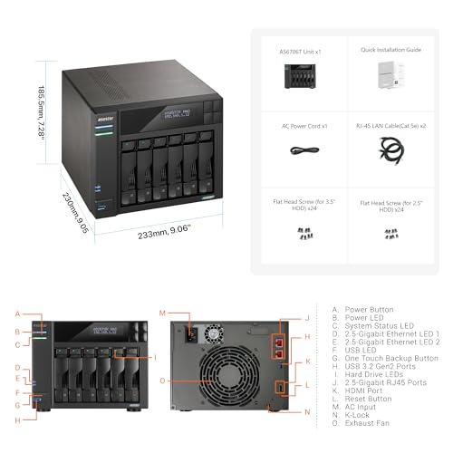 Image of Asustor Lockerstor 6 Gen2 AS6706T - 6 Bay NAS, Intel Quad-Core CPU, 4X M.2 NVMe Slots, Upgradable Dual 2.5GbE, 8GB DDR4 RAM, HDMI, Content Creators, Hybrid Storage, Network Attached Storage (Diskless)