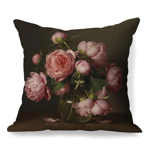 MVLJG Pink Floral Pillow Covers 18x18 Double-Sided, Dark Farmhouse Cottage Core Flower Decorative Throw Pillow Covers for Home Living Room Bedroom Sofa Couch