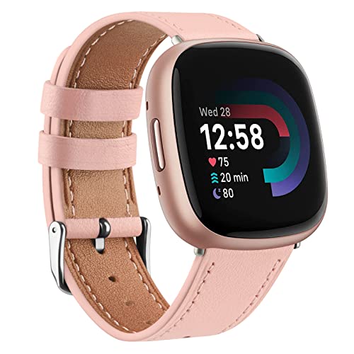 Leather Straps for Fitbit Versa 4, Versa 3, Sense 2, and Sense - Genuine Leather Replacement Band for Women and Men (Pink)