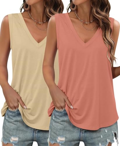 KKJ 2 Pack Womens Tank Tops Workout V Neck Tees Summer Sleeveless Loose Fit Casual Outfits Shirts Fall Fashion Clothes