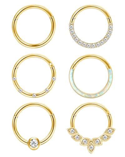 Jstyle 6Pcs 16G 18G Gold Septum Rings Surgical Steel Nose Rings Hoop for Women Opal CZ Daith Cartilage Hoop Earring Clicker Septum Jewelry Hinged Gold Hoop Nose Ring Helix Piercing Jewelry 16G 8mm