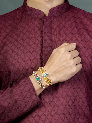 Image of Sukkhi Rakhi Excellent Kundan & Pearls Designer Gold Plated Premium Rakhi for Brother with Roli Chawal & Greeting Card|Rakhi for Brother /Bhaiya /Bhai /Men|Kundan Rakhi|Rakhi Combo-Set of 2
