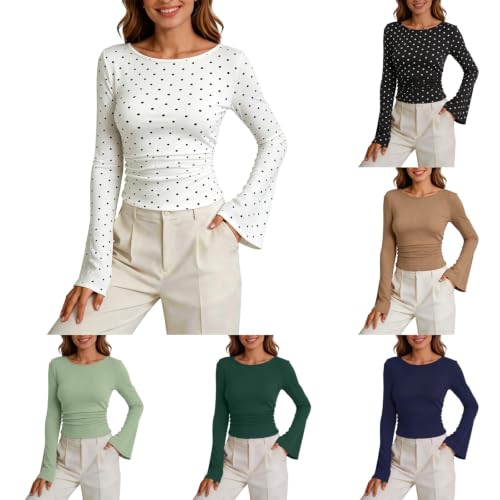 Polka Dot Top For Women Bell Long Sleeve Boat Neck Fall Cute Going Out Tops - image 1